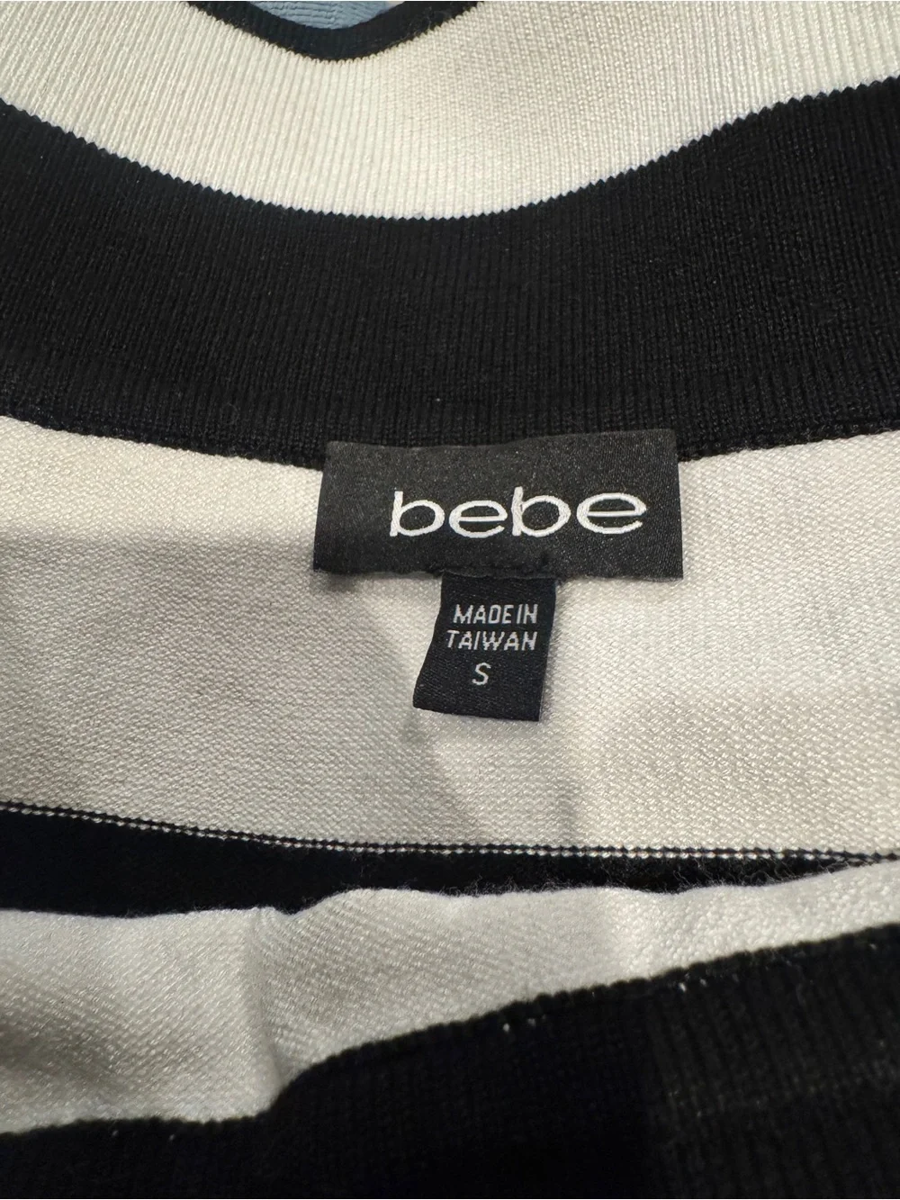 Bebe Knit Black and White Striped Off-Shoulder Mini Dress - Picture 3 of 4